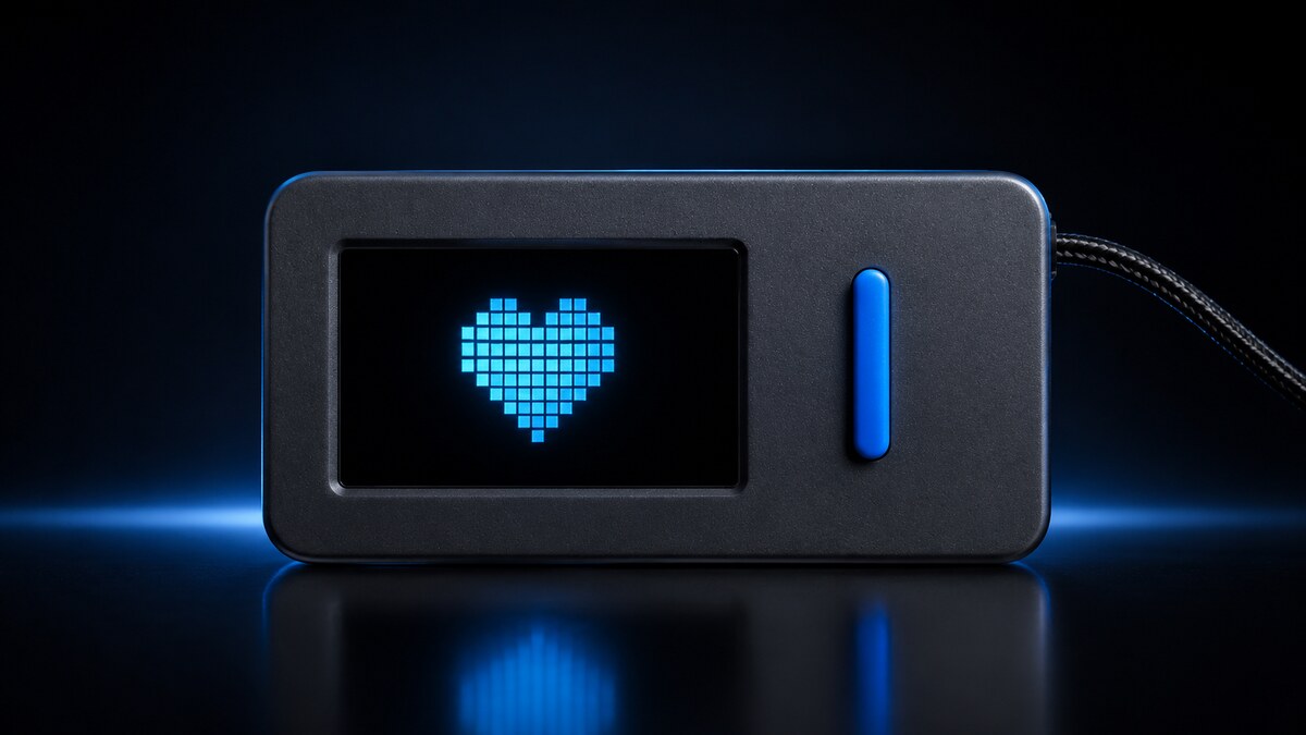 An EucBuddy on its lanyard, screen glowing with a pixel-art heart